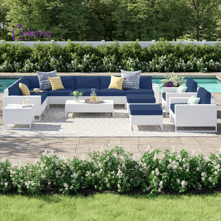 Angerona Outdoor Sofa Set 7 Seater 2 Single seater and 1 Center Table 1 Side Table With 2 Ottoman Set (White) Navy Blue