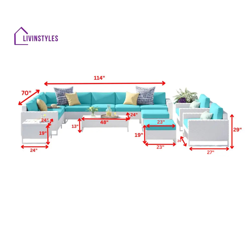 Angerona Outdoor Sofa Set 7 Seater 2 Single seater and 1 Center Table 1 Side Table With 2 Ottoman Set (White) Sofa Sets