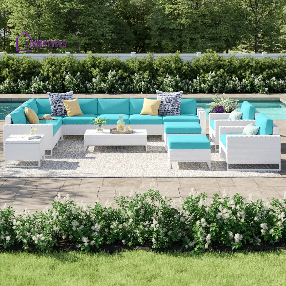 Angerona Outdoor Sofa Set 7 Seater 2 Single seater and 1 Center Table 1 Side Table With 2 Ottoman Set (White) Sky Blue