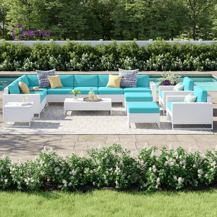 Angerona Outdoor Sofa Set 7 Seater 2 Single seater and 1 Center Table 1 Side Table With 2 Ottoman Set (White) Sky Blue