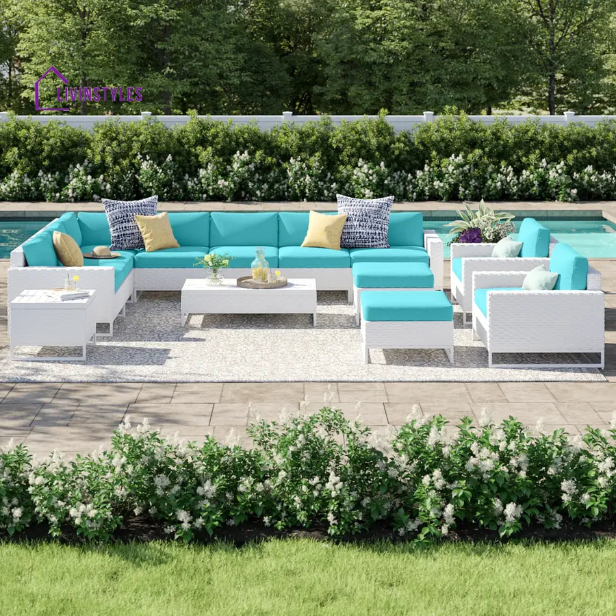 Angerona Outdoor Sofa Set 7 Seater 2 Single seater and 1 Center Table 1 Side Table With 2 Ottoman Set (White) Sky Blue
