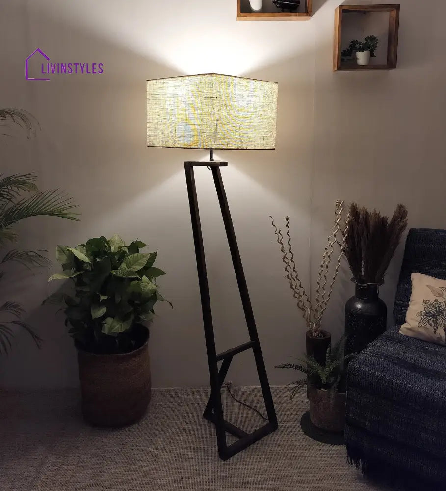 Angular Wooden Floor Lamp With Brown Base And Premium Beige Fabric Lampshade Lamps