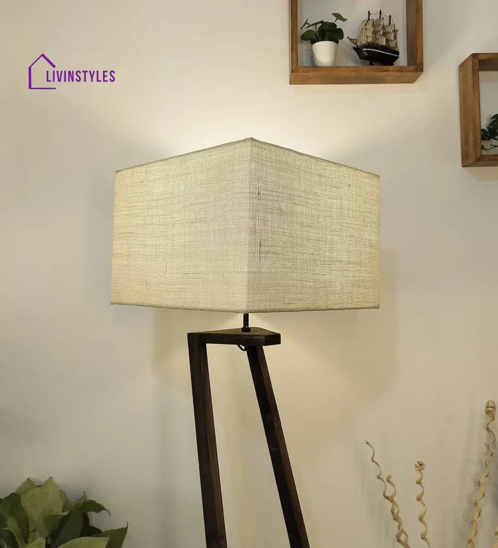 Angular Wooden Floor Lamp With Brown Base And Premium Beige Fabric Lampshade Lamps