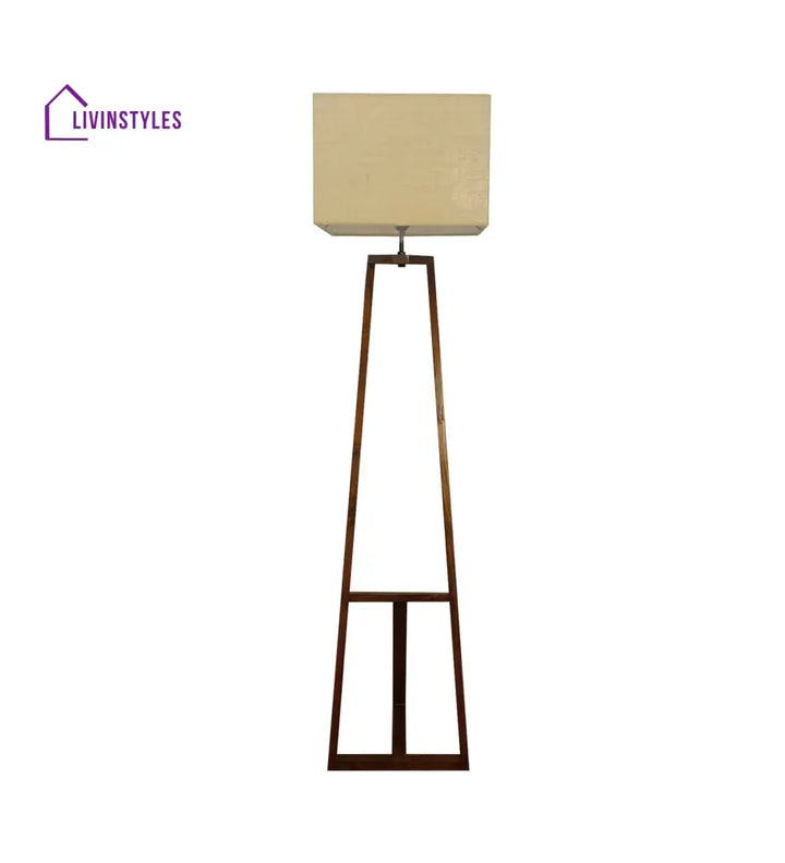 Angular Wooden Floor Lamp With Brown Base And Premium Beige Fabric Lampshade Lamps