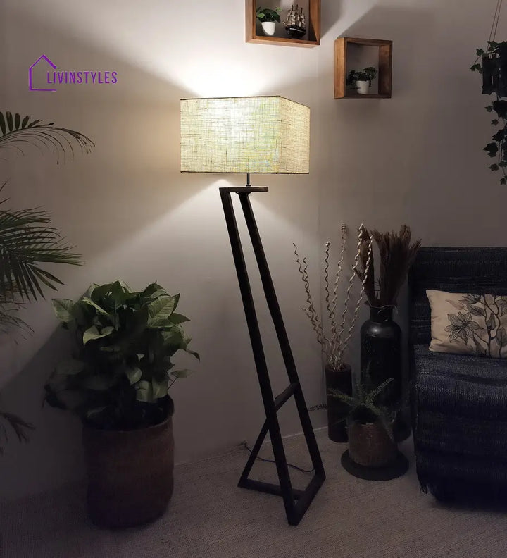Angular Wooden Floor Lamp With Brown Base And Premium Beige Fabric Lampshade Lamps