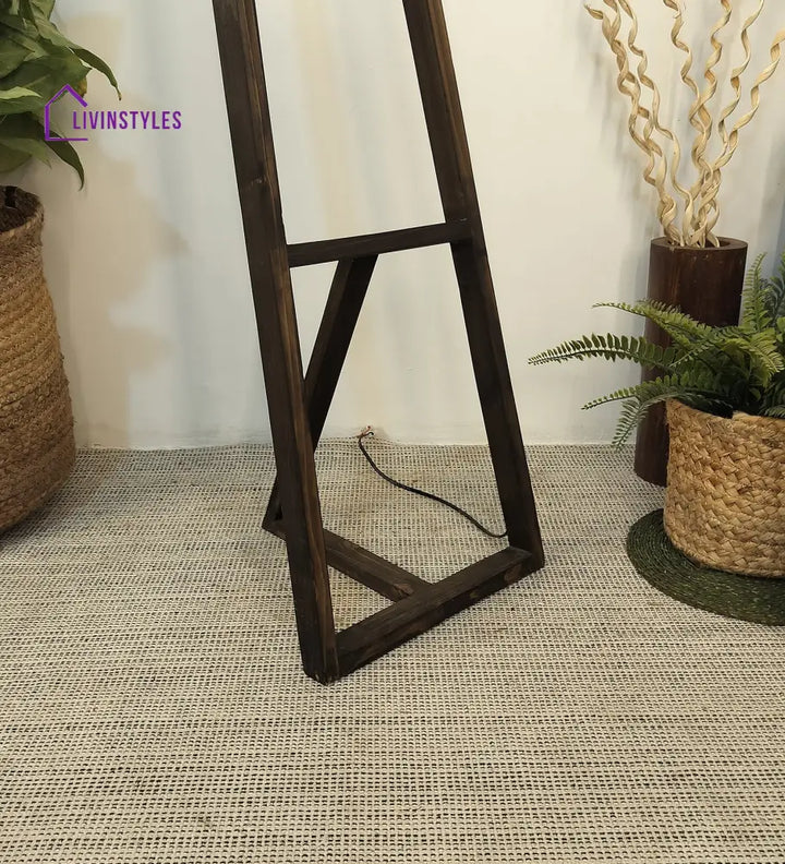 Angular Wooden Floor Lamp With Brown Base And Premium Beige Fabric Lampshade Lamps