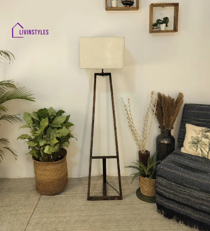 Angular Wooden Floor Lamp With Brown Base And Premium Beige Fabric Lampshade Lamps