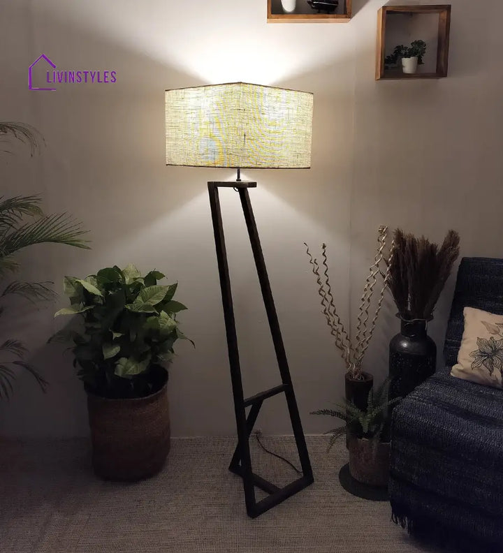 Angular Wooden Floor Lamp With Brown Base And Premium Beige Fabric Lampshade Lamps