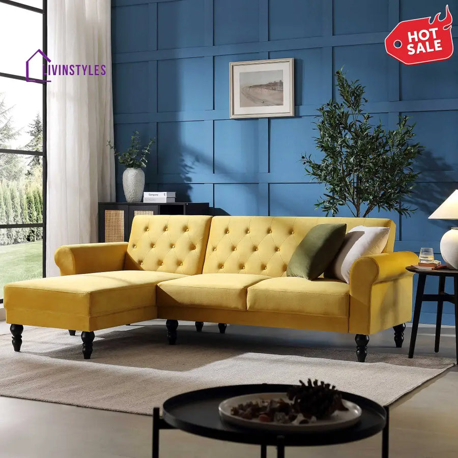 Hanney Chesterfield Chaise Sofabed in Mustard Yellow Velvet Sofa Beds