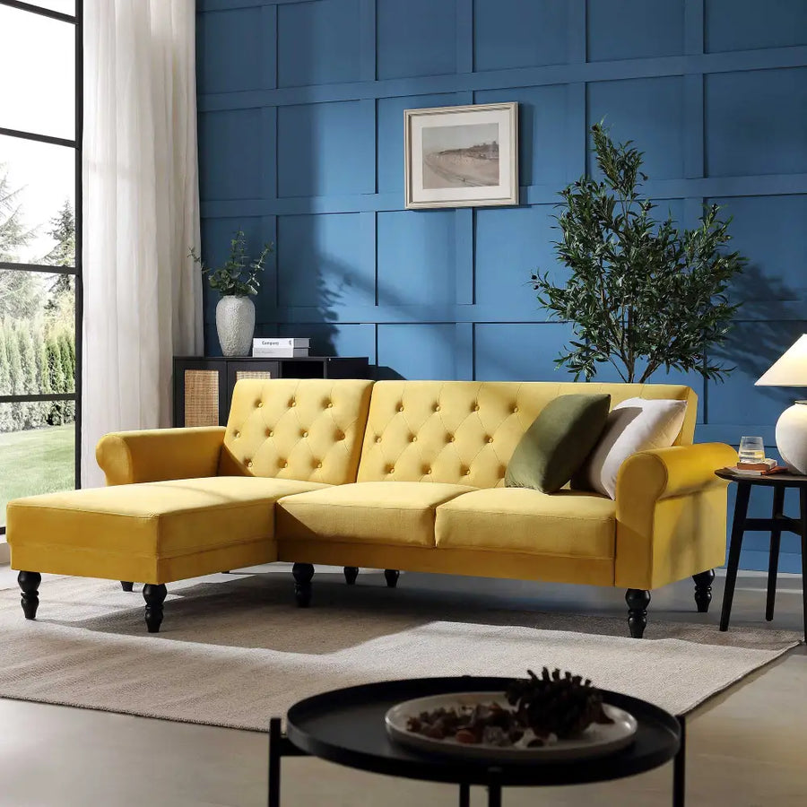 Hanney Chesterfield Chaise Sofabed in Mustard Yellow Velvet Sofa Beds