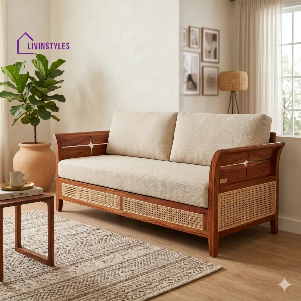 Anika Sheesham Wood and Cane Sofa for Living Room