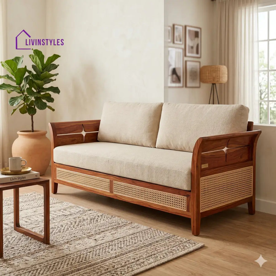 Anika Sheesham Wood and Cane Sofa for Living Room
