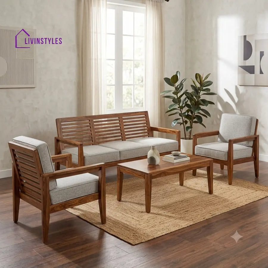 Anika Wooden Sofa Set | 3 + 1 + 1 Sheesham Wood Sofa Set for Living Room