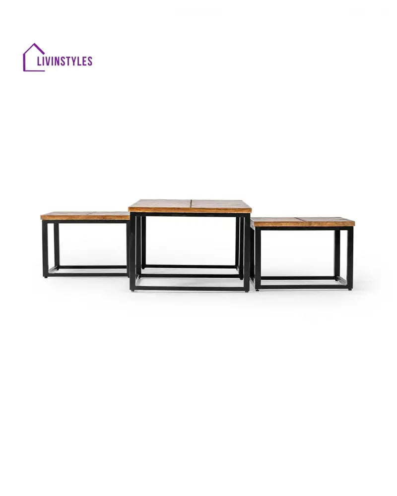 Aniket Sheesham Wood Coffee Table with Iron Stand Includes 2 Stackable Stools Versatile and Stylish Living Room Set