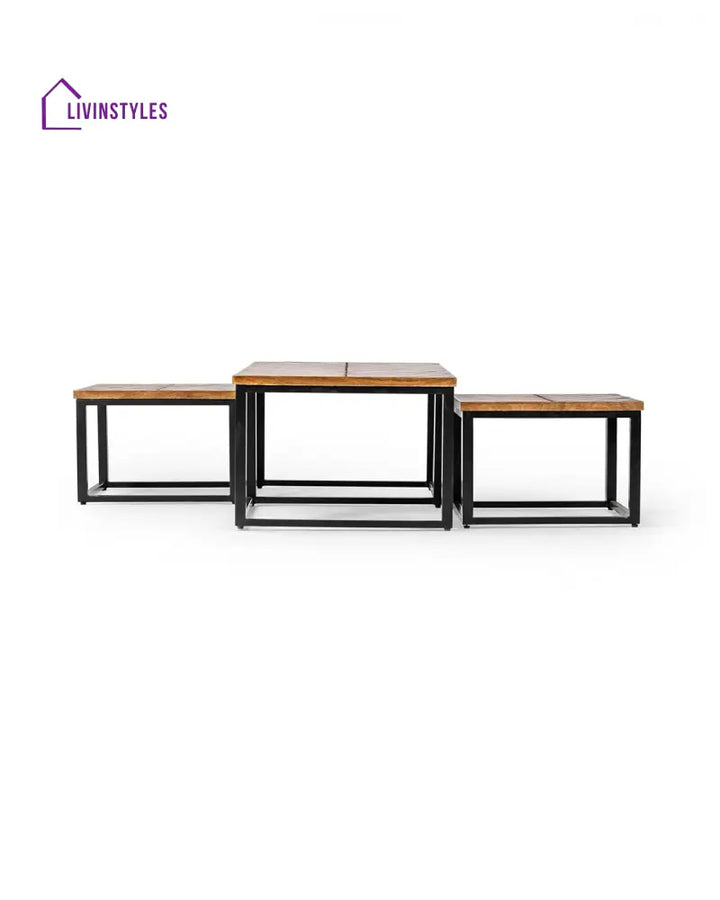 Aniket Sheesham Wood Coffee Table with Iron Stand Includes 2 Stackable Stools Versatile and Stylish Living Room Set