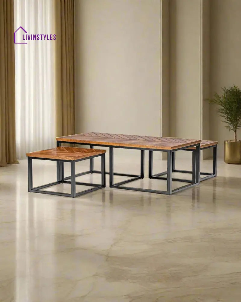 Aniket Sheesham Wood Coffee Table with Iron Stand Includes 2 Stackable Stools Versatile and Stylish Living Room Set
