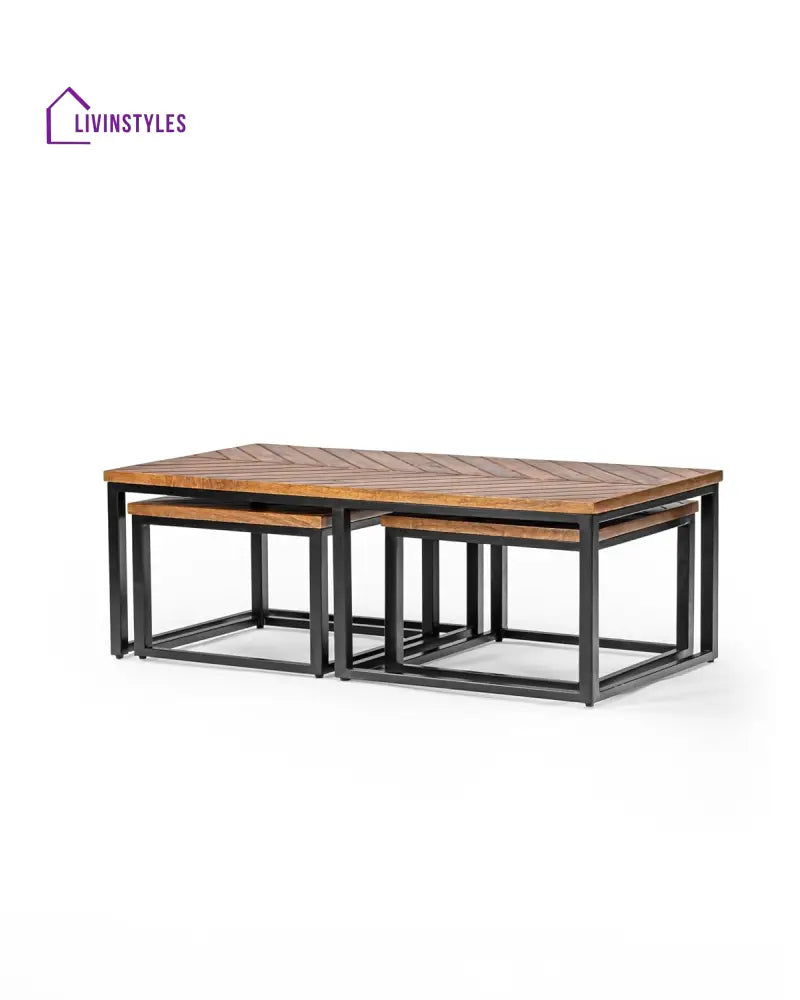 Aniket Sheesham Wood Coffee Table with Iron Stand Includes 2 Stackable Stools Versatile and Stylish Living Room Set