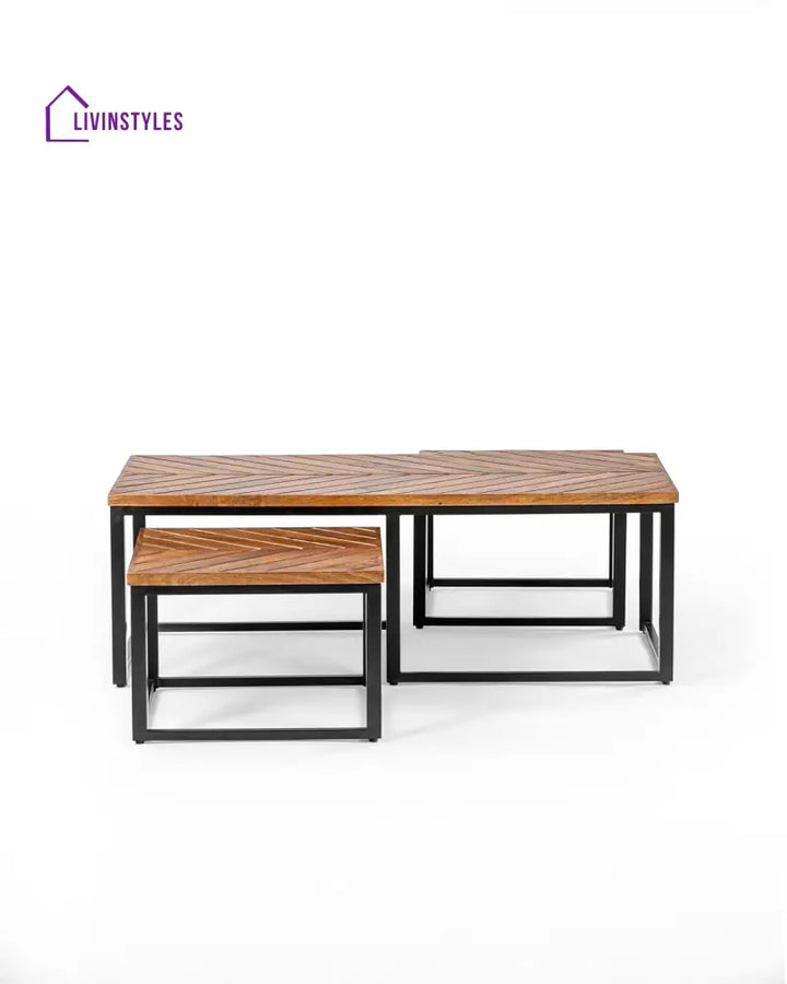 Aniket Sheesham Wood Coffee Table with Iron Stand Includes 2 Stackable Stools Versatile and Stylish Living Room Set