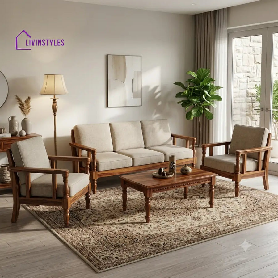 Anitha Wooden Sofa Set | 3 + 1 + 1 Sheesham Wood Sofa Set for Living Room