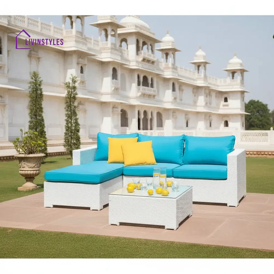 Anjali 3 Piece Rattan Sectional Sofa Set (White/Turquoise)