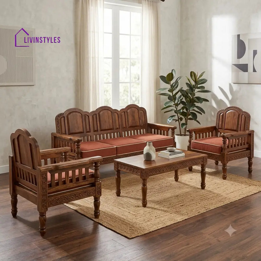 Anjali Wooden Sofa Set | 3 + 1 + 1 Sheesham Wood Sofa Set for Living Room