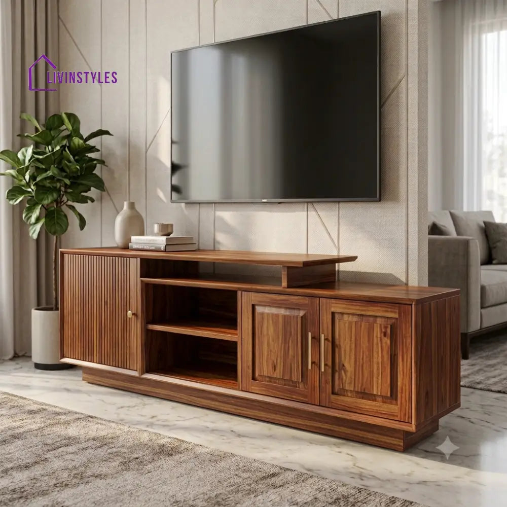 Anjana Sheesham Wood TV Console With Honey Finish And Storage