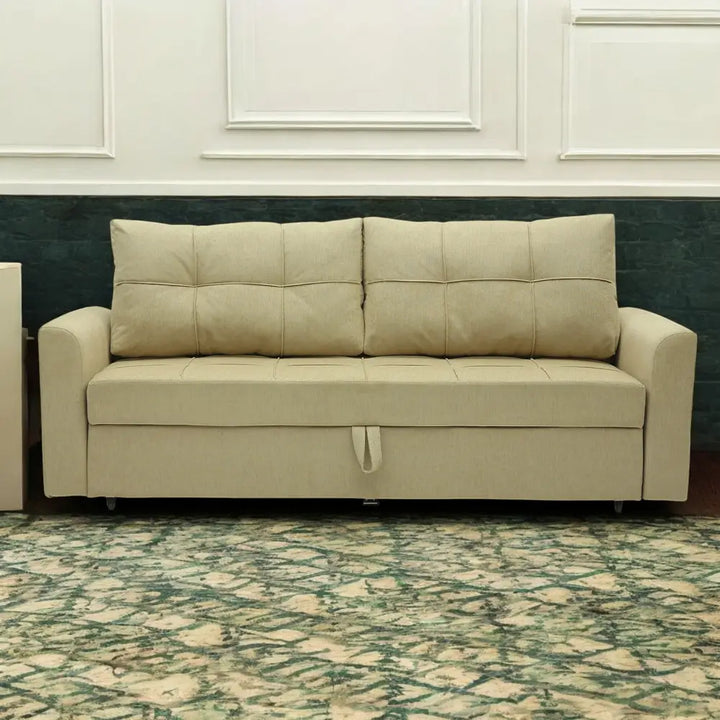 Ines Fabric Pull Out Sofa Cum Bed In Beige Colour With Storage