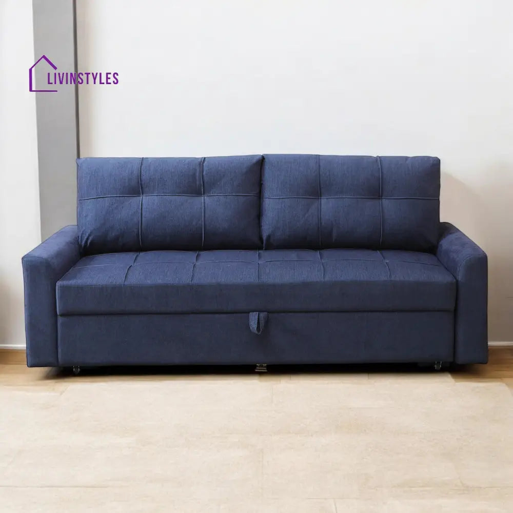 Ines Fabric Pull Out Sofa Cum Bed In Navy Blue Colour With Storage