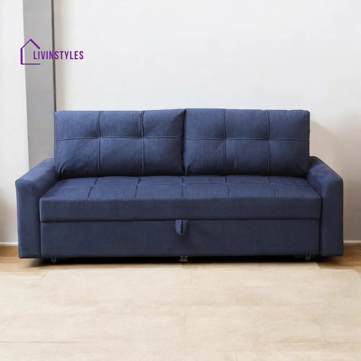 Ines Fabric Pull Out Sofa Cum Bed In Navy Blue Colour With Storage