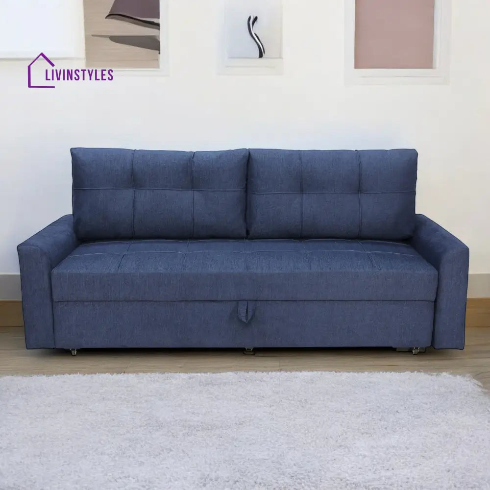 Ines Fabric Pull Out Sofa Cum Bed In Navy Blue Colour With Storage