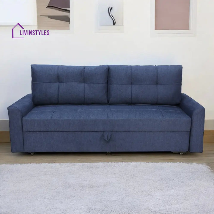 Ines Fabric Pull Out Sofa Cum Bed In Navy Blue Colour With Storage
