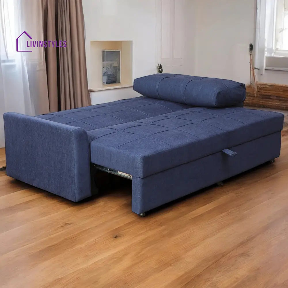 Ines Fabric Pull Out Sofa Cum Bed In Navy Blue Colour With Storage