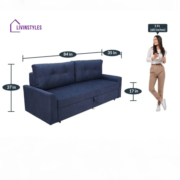 Ines Fabric Pull Out Sofa Cum Bed In Navy Blue Colour With Storage