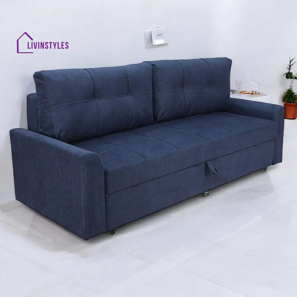 Ines Fabric Pull Out Sofa Cum Bed In Navy Blue Colour With Storage