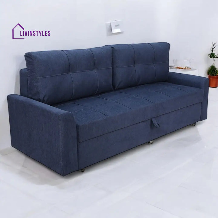 Ines Fabric Pull Out Sofa Cum Bed In Navy Blue Colour With Storage