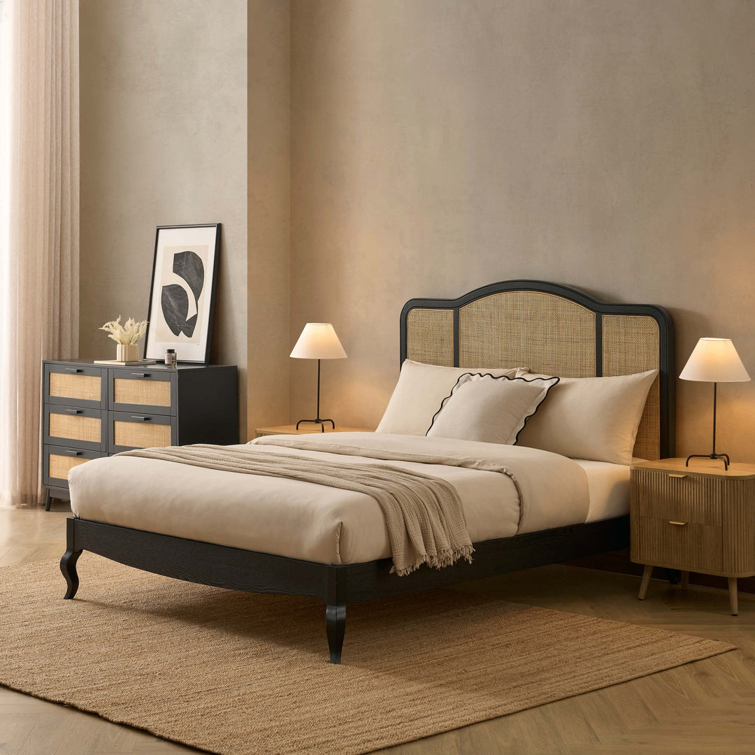 Miguel Wooden and Rattan Bed Frame - Black