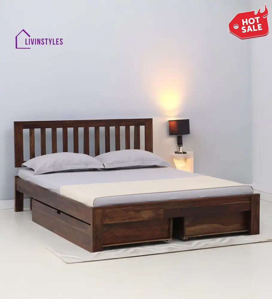 Annie Sheesham Wood Queen Size Bed In Walnut Teak Finish With Drawer Storage