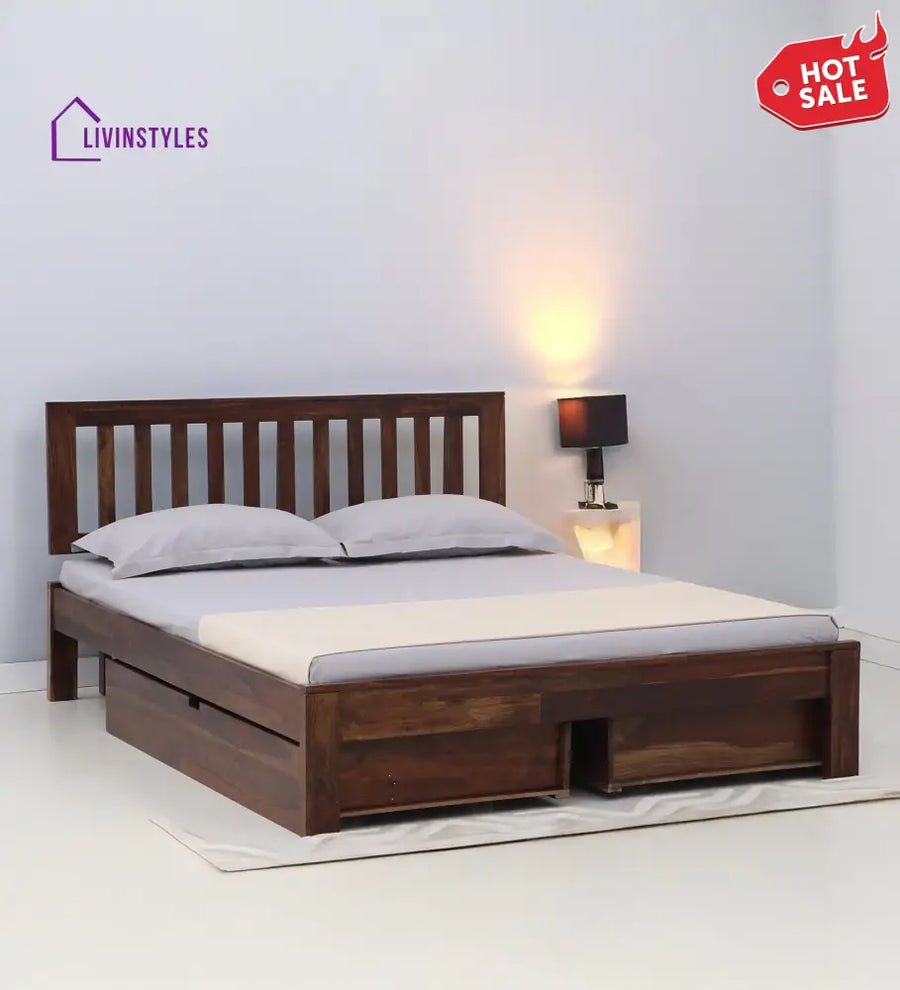 Annie Sheesham Wood Queen Size Bed In Walnut Teak Finish With Drawer Storage
