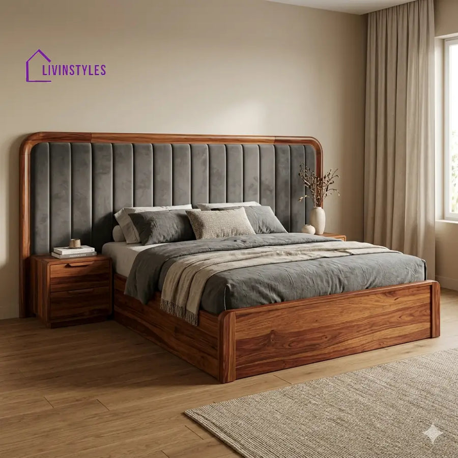 Anton Premium Sheesham Wood Bed with Velvet Headboard