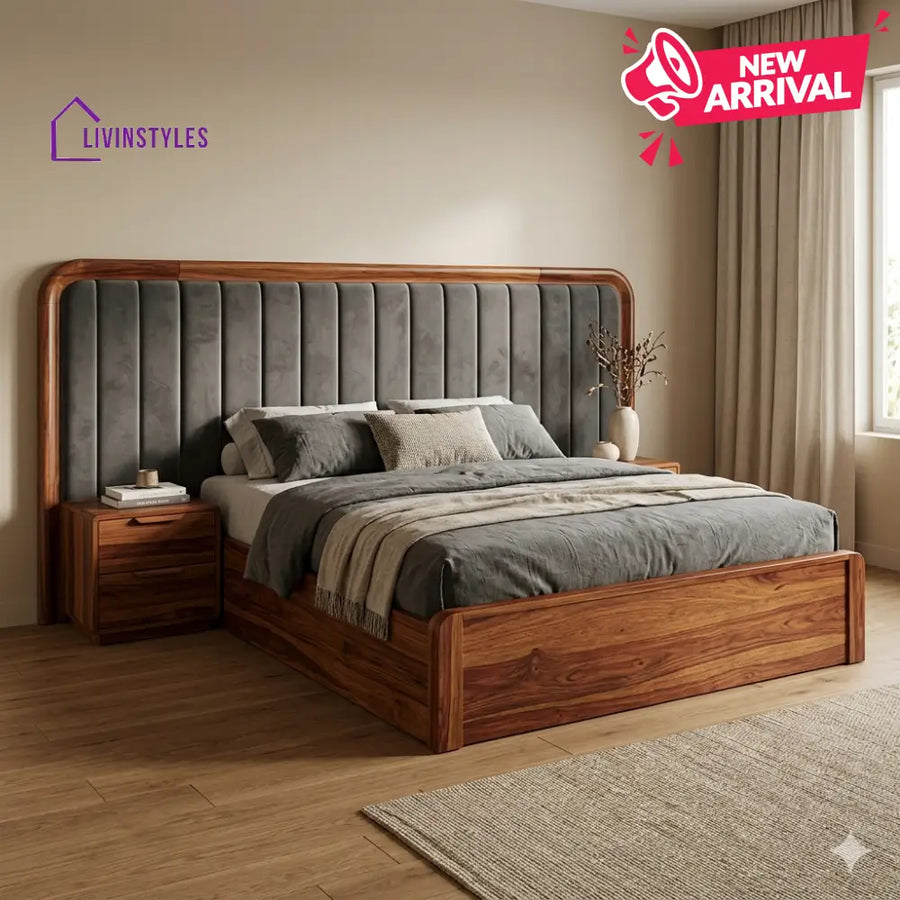 Anton Premium Sheesham Wood Bed with Velvet Headboard