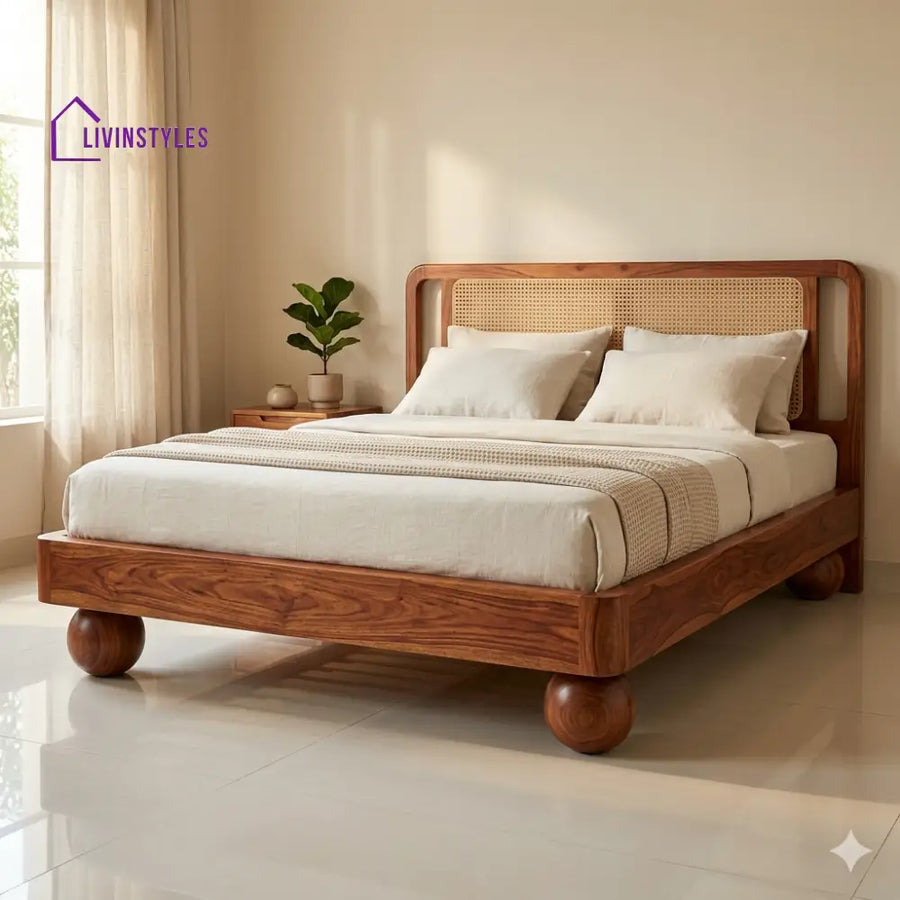 Anton Sheesham Wood Bed with Ball Shaped Legs and Cane Weaving Headboard
