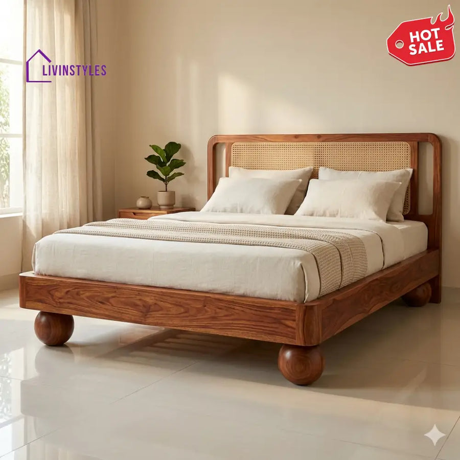 Anton Sheesham Wood Bed with Ball Shaped Legs and Cane Weaving Headboard