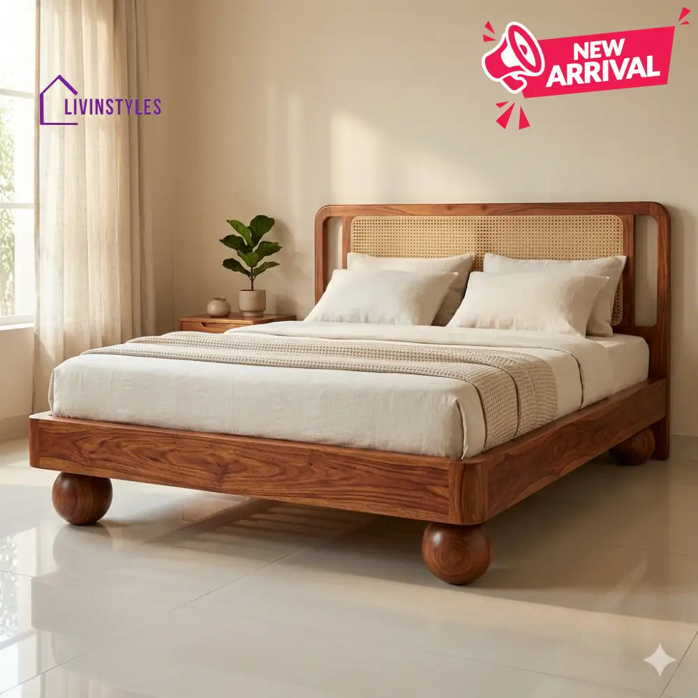 Anton Sheesham Wood Bed with Ball Shaped Legs and Cane Weaving Headboard