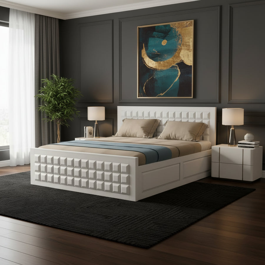 Anuja Mango Wood Box Storage Bed (Queen Size White Finish)