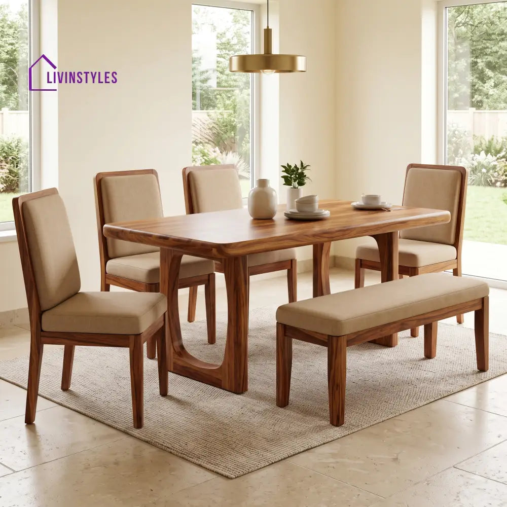 Anulika Wooden 6 Seater Dining Table Set | 4 Chairs and 1 Bench | Table 72 X 36 X 30 Inch