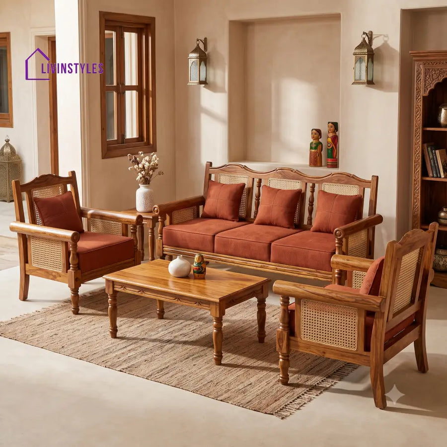 Anushka Wooden Sofa Set | 3 + 1 + 1 Sheesham Wood Sofa Set for Living Room