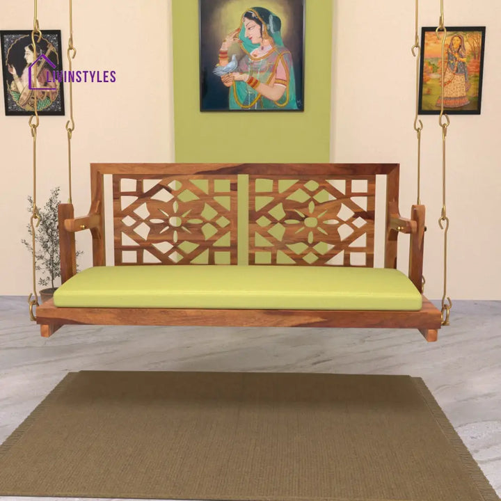 Anvi Fusion Flowered Carved Back Handmade Wooden Swing for Home Swing