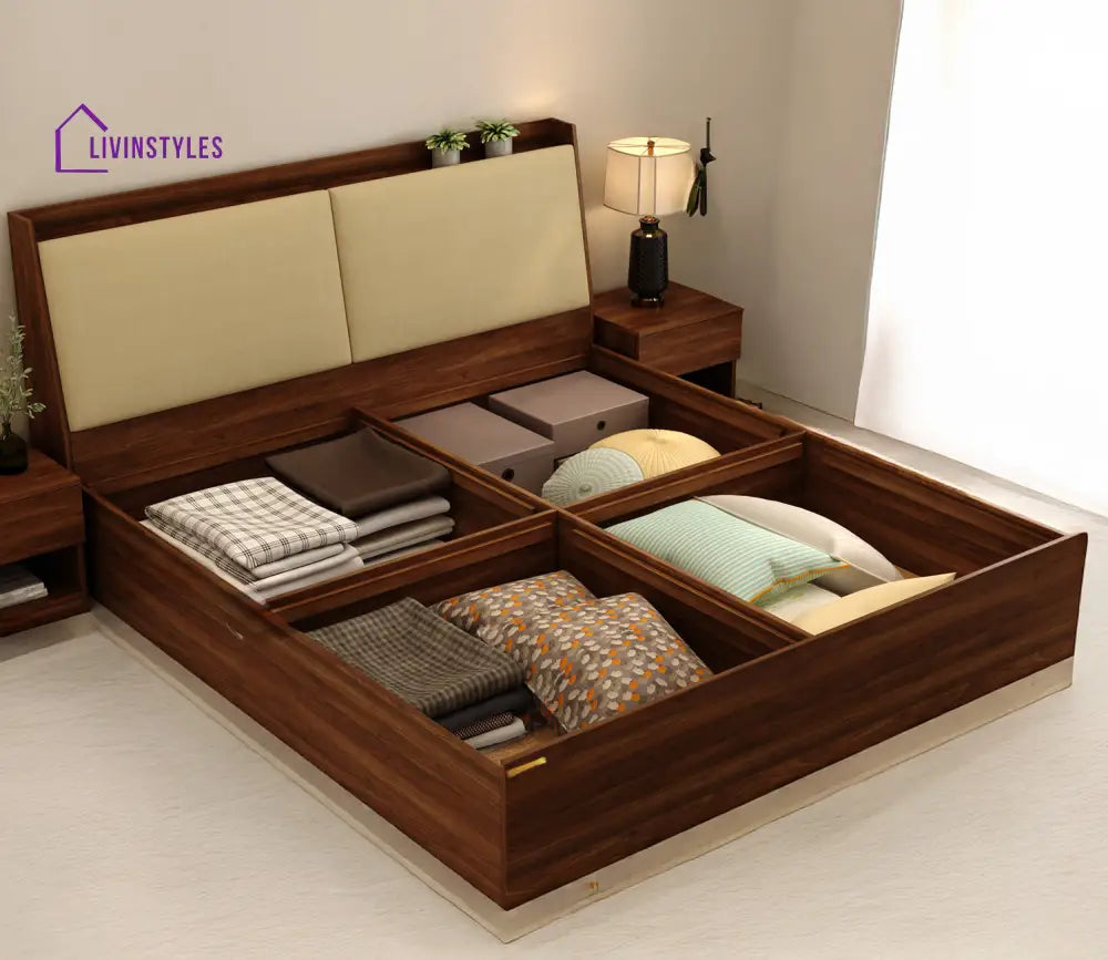 Apeksha Engineered Wood Bed with Upholstered Headboard and Spacious Box Storage - King Size and Queen Size