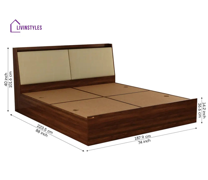 Apeksha Engineered Wood Bed with Upholstered Headboard and Spacious Box Storage - King Size and Queen Size