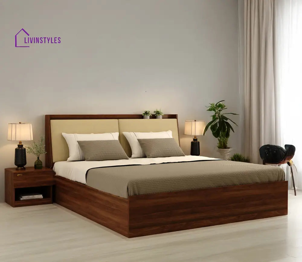Apeksha Engineered Wood Bed with Upholstered Headboard and Spacious Box Storage - King Size and Queen Size